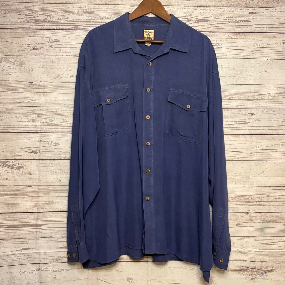 Tommy Bahama Mens XXL Blue 100% Silk‎ Long Sleeve Button Down Camp Shirt Vintage